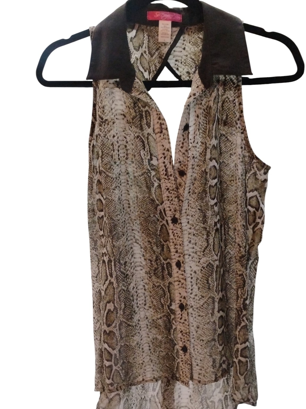 Six Degreea Sleeveless Snake Print Blouse w Black Collar SZ L